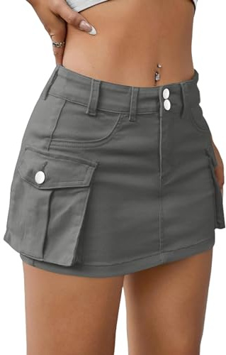 Acrawnni Women Mini Cargo Skirt Y2K Vintage Low Waist Button Mini Denim Short Skirt Slim Fit Solid Color Skirt with Pockets (A-Grey, S)