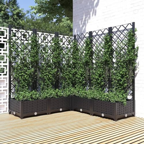 Homgoday Jardinière de jardin avec treillis, panneau de pot de fleurs grimpantes pour terrasse, cour, entrée extérieure, balcon, parterre surélevé, bac à fleurs noir, 120 x 120 x 121,5 cm en