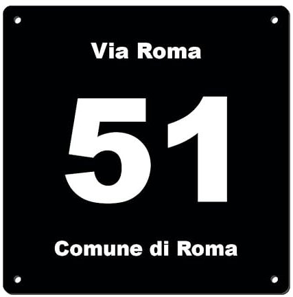 Numero Civico in piastra di alluminio composto rigido di spessore 3,5mm quadrato - Targa con numero e/o via personalizzata Omologata a rilievo oppure stampata (Nero)