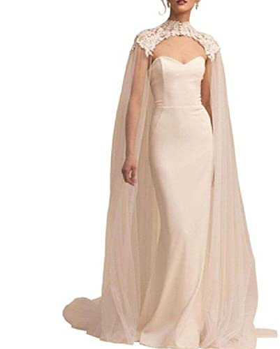 Tsffae Capa Nupcial Blanca con Apliques, Capa De Tul para Boda, Chal De Noche, Capa Larga De Encaje para Catedral, Accesorios Nupciales
