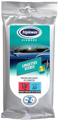 Triplewax Diamond Lingettes Vitres Senteur Citron x 25 - Nettoyant pour vitres sans traces, lingettes pare-brise et vitre de voiture, épais durables, élimination de la saleté, parfum de citron