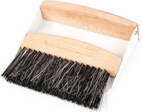 Yitobici Schaufel und Besen Set,Tischbesen,Tischkehrset aus Holz und Metall,Mini Kehrblech und Handfeger Besen,Nylon Borsten (weiß-schwarzer Pinsel)
