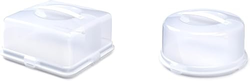 Airtight BPA-Free Reusable Cake Storage Box – Portable Cake Carrier with Handle & Lockable Lid | Food Storage Container for Cakes, Bakes & Desserts | Durable Plastic (Round + Square Cake Box - 2Pack)