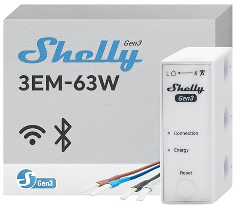 Shelly 3EM-63W Gen3, Misuratore di Energia Wi-Fi per Impianti Trifase o Monofase, Misurazione in 4 Quadranti in Tempo Reale, Nessuna Soglia di Carico, Pronto per Fotovoltaico, Montaggio su Guida DIN