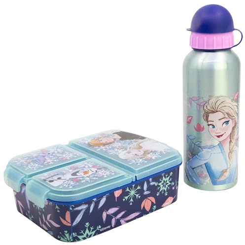 Stor Set Merenda Frozen - Il Regno Di Ghiaccio - Borraccia Alluminio 530ml e Portamerenda 3 Scomparti - Kit Pranzo Bambini Scuola