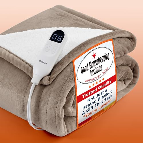 Bedsure Electric Blanket Heated Throw - Flannel, 130x160cm, Taupe | Soft flannel with 6 heat settings and 10-hour timer with fast heating and overheat protection