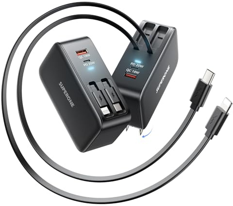 SUPERONE Retractable iPhone charger, 4-Port USB C Charger Block, iPhone Chargers Fast Charging with USB C & Apple Cable, Wall Chargers for iPhones 16/15/14/13/12/11 Series, Pad, Samsung, Pixel - Black