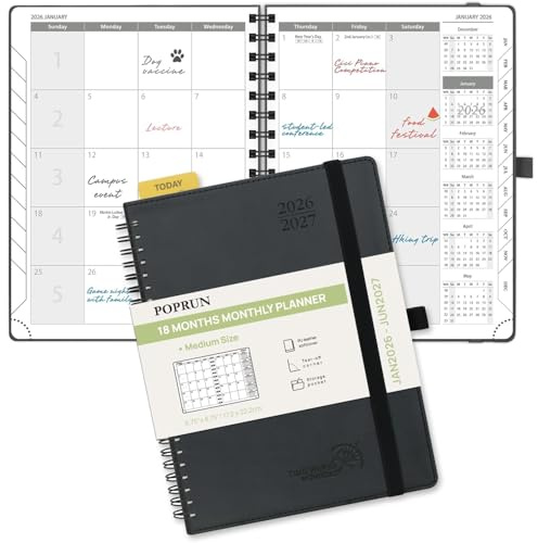 POPRUN Monthly Planner 2026-2027 (Medium 6.5 x 8.5) 18 Months Calendar Book(Jan 2026 - Jun 2027) - 4 Pages per Month with Expense & Notes, Stair-like tabs, Leather Cover, Sunday Start - Black
