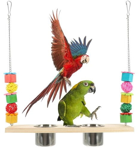 Gatuida Columpio Colgante para Pájaros con Comedero de Madera Natural, Tamaño Mediano, para Jaula de Loros y Periquitos, Juguete de Forrajeo y Descanso para Aves Domésticas