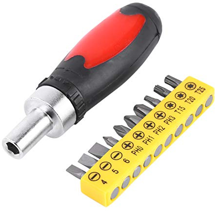 Manual Screwdriver Set with 10 Interchangeable Bits High Quality PVC Handle Practical Tool for Home Repair DIY Projects Black Red Color Compact Size 10.5cm