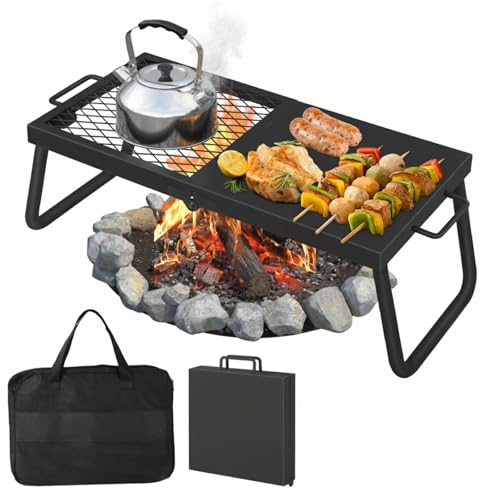 Portable Folding Camping Grill – Heavy Duty Steel Fire Pit Grill with 17x12.2” Cooking Grate & Adjustable Height, Ideal for Outdoor BBQ, Camping, and Backyard Cooking
