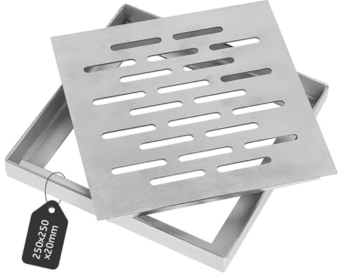 DBREAKS Cubierta de Drenaje de Suelo de Acero Inoxidable 25cm Doble Raya | Rejilla de Desagüe Cuadrada con Marco, Antideslizante, Cubierta de Desagüe para Exteriores, Jardines, Terrazas, Antibloqueo