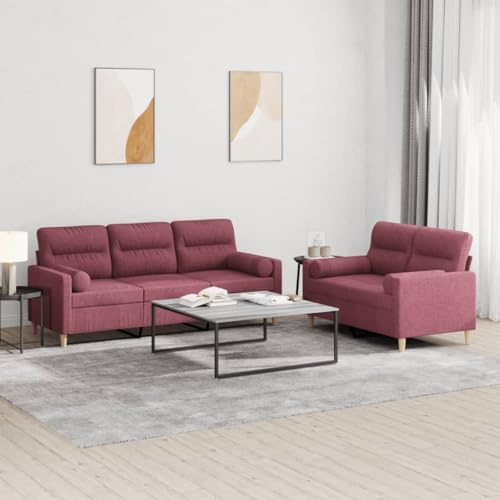 Owoxanthellate 2+3-Sitzer Sofagarnitur in Weinrot aus atmungsaktivem Polyester Robustes Holz-Metall-Gestell 138 x 198 x 80 cm Komfortable Couchgarnitur für Wohnzimmer Büro und Gästezimmer