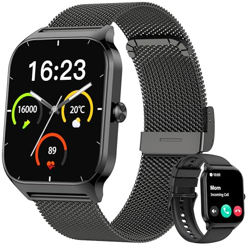 Popglory Smartwatch Uomo Donna, 1.85 Orologio Chiamate, Assistente AI, 100+ modalità Sportive Fitness Watch, Frequenza Cardiaca/SpO2/Pressione Sanguigna/Sonno/Stress, Regalo Android iOS (2 Cinturini)