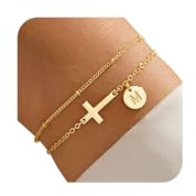 M MOOHAM Gifts for Women - Layered Initial Cross Bracelets for Women, Dainty Disc Letter M Initial Bracelets Cross Bracelet Jewelry for Woman, Confirmation Baptism Gifts Religious Christian Gifts