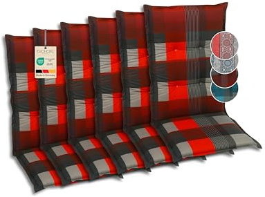 GO-DE Textil Bequeme und attraktive Polsterauflagen für Mittellehner-Gartenstühle (6er-Set, Karo rot, Mittellehner)