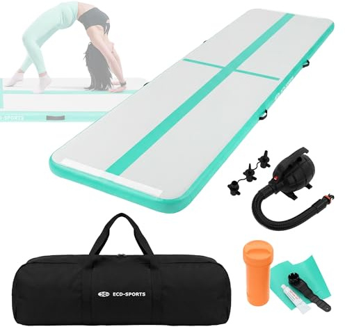 ECD Germany Uppblåsbar luftmatta Gymnastikmatta Air Matte Track 4m mintgrön 10cm tjock yogamatta träningsmatta tumblingmatta pilatesmatta fitnessmatta sportmatta för hem gym inkl bärväska och luftpump