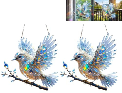 2Pcs 15x15CM Stained Glass Suncatcher:Large Heart-Shaped Bird Ornament,Window Hanging for Outdoor Garden Decor,Gardening Gifts for Women,Unique Design,Safe Materials,Easy to Use,for Home and Garden
