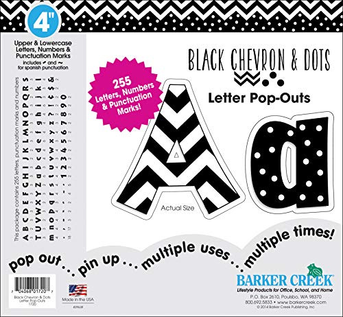Barker Creek Letter Pop-Outs, 4 Black Chevron & Dots, Multicolor Designer Letters for Bulletin Boards, Breakrooms, Reception Areas, Signs, Displays, and More! 4, 255 Characters per Set (1720)