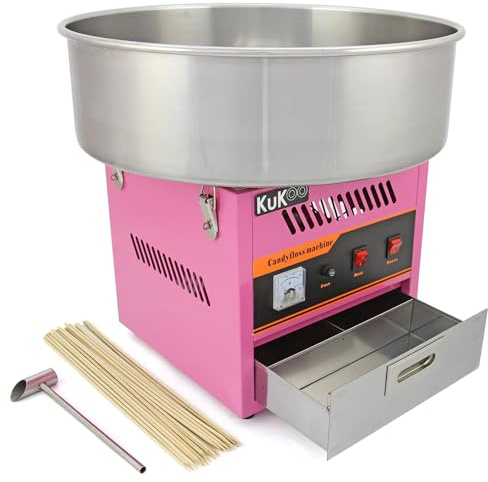 Machine Barbe à Papa Professionnelle Rétro en Inox Rose Bol 50 cm Thermomètre Intégré Utilisation Facile Portable Appareil Barbe à Papa pour Fête Anniversaire CHRD HORECA [Doseur & Bâtons INCLUS]