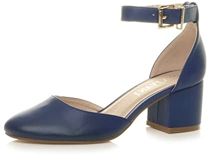 Ajvani Womens Ladies Low mid Block Heel Ankle Strap Court Shoes Sandals, Navy Matte, 3 UK