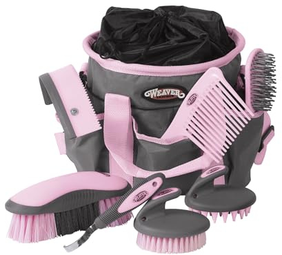 Weaver Equine Horse Grooming Kit, 7-Piece Horse Brush Set with Organizer Tote Bag, Hoof Pick, Comb, Sweat Scraper, Equine Tools for Daily Grooming, Gray/Pink
