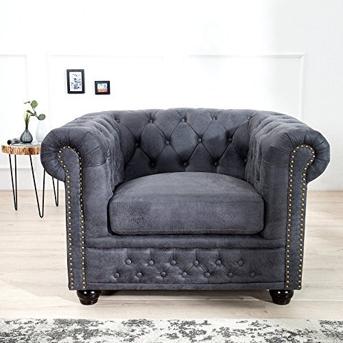 cagü edler Designklassiker Sessel Winchester Grau Kunstleder im klassisch englischen Chesterfield-Stil