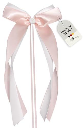 White & Ivory 25 Autoschleifen Hochzeit Antennenschleifen | rosa & weiß | doppelt handgebunden mit Rose | hochwertiges Satin | Autoschmuck | Deko Schleife