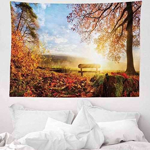 ABAKUHAUS Wald Wandteppich und Tagesdecke, Herbst Wald Bank, aus Weiches Mikrofaser Stoff Schmutz abweichender Digitaldruck, 150 x 110 cm,Orange Rot Blau