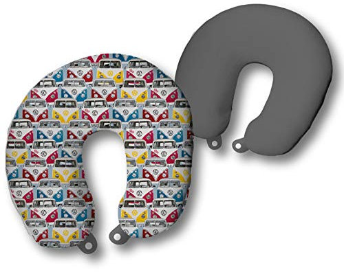 Volkswagen Nackenkissen Blau Rot Gelb 31x27 cm VW-Bus T1 Camper-Van Retro Kopfstütze Nackenhörnchen Reisekissen Nackenrolle Kissen Kuschelkissen perfekt für Auto Bahn Flugzeug Reise Lesen 042