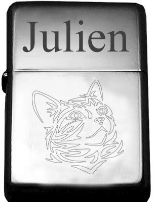 Encendedor de tormenta con grabado personalizado, tu texto + dibujo a elección (aquí gato). Disponible en Plata y Negro
