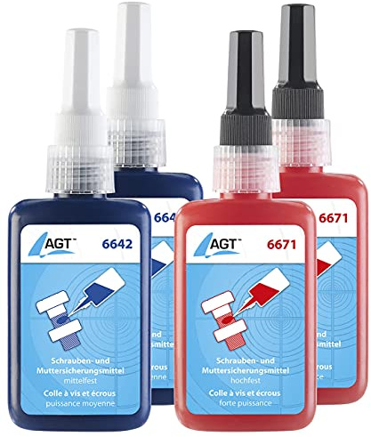 AGT Schraubenkleber: Schrauben- und Muttersicherungsmittel, mittel- und hochfest, 4x 50 ml (Schraubensicherungslack, Muttern Kleber, Torx)