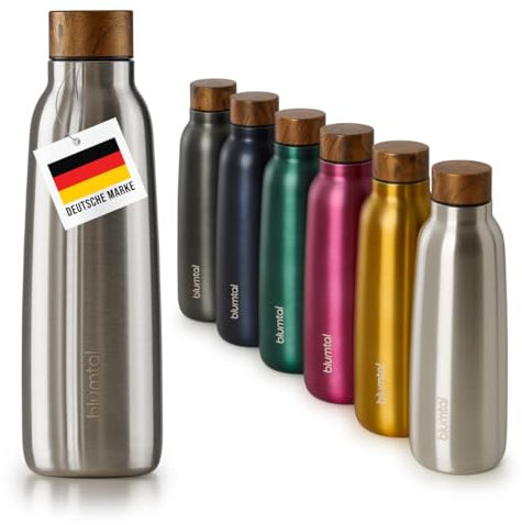 Blumtal® Trinkflasche Edelstahl isoliert - Thermosflasche 500 ml - BPA-freie Thermo Trinkflasche kalt&warm - auslaufsichere Trinkflasche Metall - Thermos Trinkflasche 500 ml isolierend - Holz/Silber