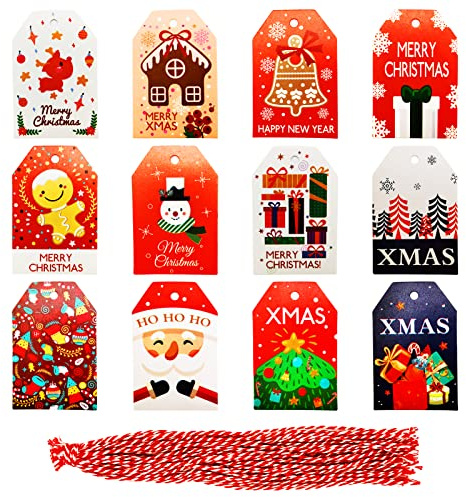 XINDY Geschenkanhänger Weihnachten, 48stk Anhänger Weihnachten Etiketten mit Schnur, Klein Weihnachtsanhänger Papier Weihnachtsetiketten für Geschenkverpackung Weihnachtsdeko