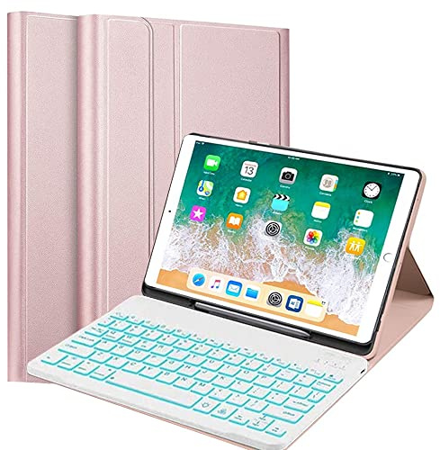 QYiiD Funda con Teclado para iPad 9.7 6ª generación 2018 / iPad 5ª generación 2017, Carcasa Trasera Protectora de TPU Suave con Retroiluminación Teclado en Español (Incluye Ñ), Oro Rosa