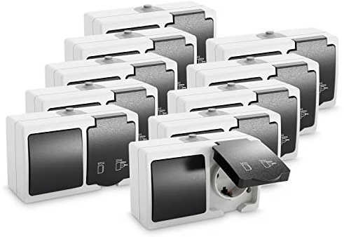 greate Aufputz Schalter Steckdose Kombination mit IP54 für Feuchtraum 10er Pack - Aufputzsteckdose mit Wechselschalter 250V & 16A