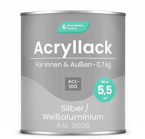 Grundmann Acryllack ACL 100 - Silber 0,7 Kg - 4in1 Lack inkl. Grundierung - Innen und Außen - Für Holz, Metall, Stein & Kunststoff - Weißaluminium RAL 9006