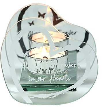Pavilion Gift Company - Always & Forever - 4 x 3.75 x 2.25 Heart-Shaped Tealight Candle Glass and Mirror Holder - in Memory Bereavement Memorial Loss Gift