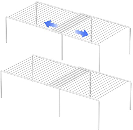 Redrubbit 4-Piece Expandable Metal Rustproof Storage Shelf Rack, Kitchen Counter and Cabinet Organizer, Space Saver for Fridge, Bathroom, White, Set of 2