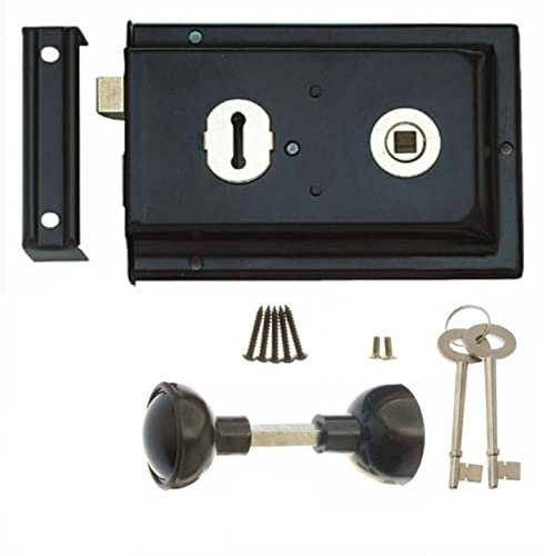 Haven Heritage Deadbolt Door Lock Cast Iron Knobs/Handle - Shed Llock, Garden Gate Lock with Key, Rim Lock Door Knobs, Gate Dead Bolts with Keys Rim Lock Set 6 x 4 (Lock + Black Plastic Handle)