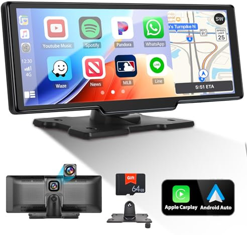 CAMECHO Auto Display mit Wireless CarPlay Android Auto, 9,3 Zoll Tragbares Autoradio mit Dashcam, CarPlay Bildschirm fürs Auto mit 64G TF Bluetooth Navigatio FM Transmitter Siri/G00gle Mirror Link AUX
