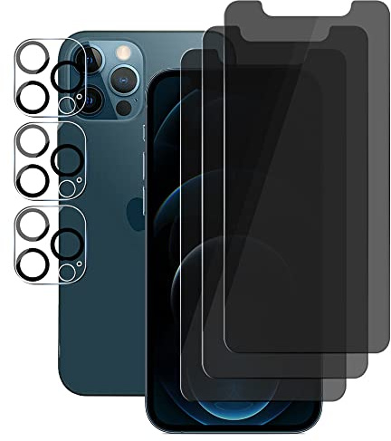 UZWZW (3+3) For iPhone 12 Pro (6.1) (3 Pack) Anti Spy Private Tempered Glass Film Privacy Screen Protector and (3 Pack) Camera Lens Protector [Not Affect Flash], 9H Hardness, Anti Scratch