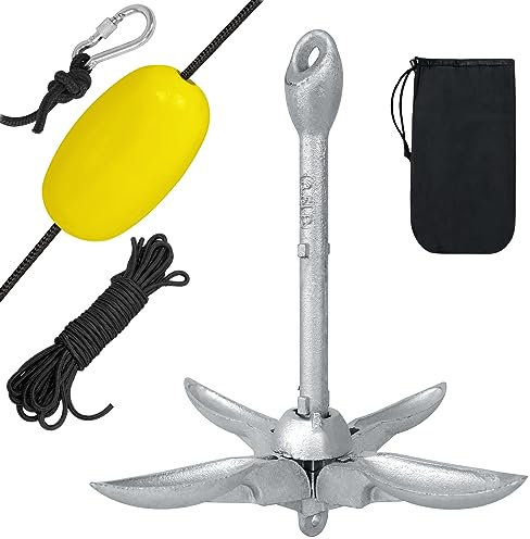 TRMLBE Ancora a Ombrello per Barca Pieghevole 1,5 kg ghisa zincata con Linea di Ancoraggio da 10 m Boa di Segnalazione Ancora con moschettone per gommone, SUP, Accessori per Kayak