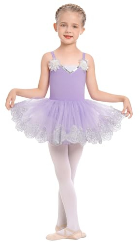 AFAVOM Ballet Leotards for Girls Toddler Sequin Flower Camisole Ballet Dance Dress Glitter Lace Tutu Skirted Leotard Ballet Outfit Kids Shiny Ballerina Costume Dancewear Purple - Sequin 3-4 Years