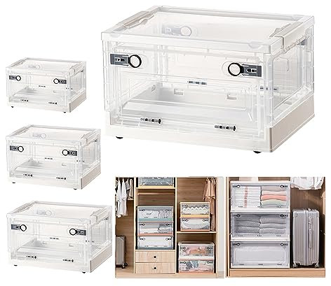 Hooha 28L/40L/56L Faltbare Kunststoff Aufbewahrungsbox stapelbar Transparent mit Deckel & Rädern Organizer zum Aufbewahren von Büchern, Kleidung, Spielzeug oder als Schuhkarton (56L, Weiß)