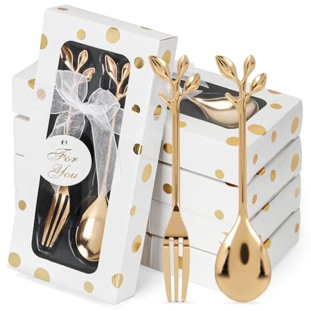 30 Pcs Wedding Forks and Spoon Set, Leaf Flower Coffee Teaspoon with Gift Box, Wedding Baby Shower Return Gift Tea Party Decoration Souvenir or Bridal Shower Favors for Guests