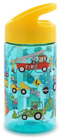 Tyrrell Katz Kids Trucks Printed Flip Top Drinking Bottle in Blue with Straw - Dishwasher Safe Lightweight Children's School Water Flask - 400 ml