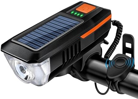 Multi-Functional Solar-Powered and USB Rechargeable Battery Mountain Bike Night Cycling High Brightness Light Bike Front Light and 120dB Horn Bicycle Charging Light (Orange)