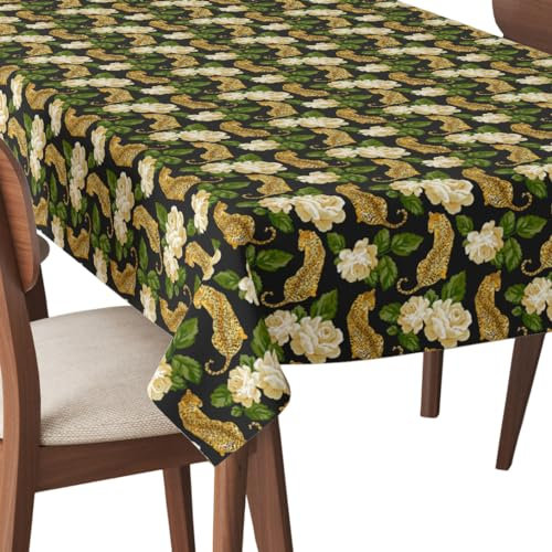 HEKO PANELS Tischdecke 140 x 450 cm Abwaschbar Tischtuch Gartentischdecke Fleckschutz Wasserabweisend Tafeldecke Leoparden Rosen