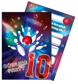Limonia 12 Einladungskarten zum 10. Kindergeburtstag Motto Bowling neon Feier Fest Einladung Set Geburtstag Mädchen Kinder Jungs Jungen Boys Teenies